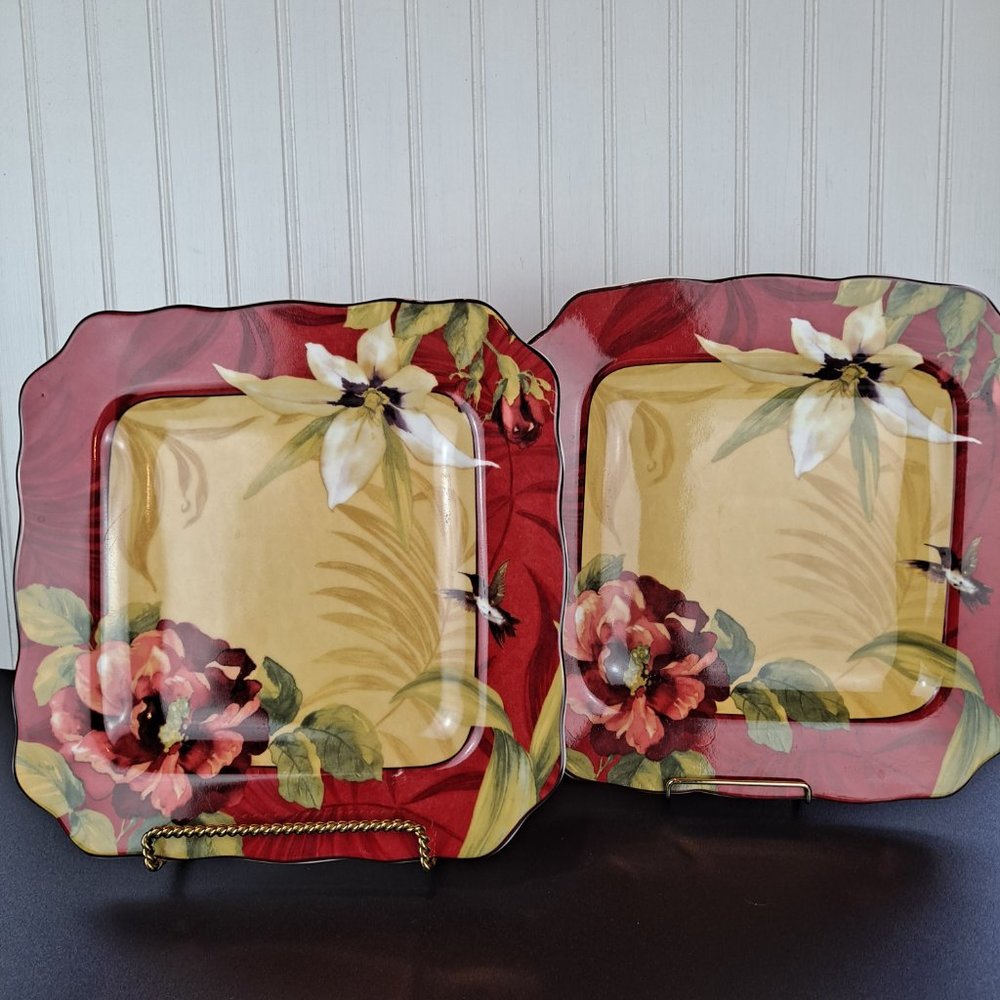 Set of (2) 222 Fifth Plates Hummingbird Tropical Floral 11"